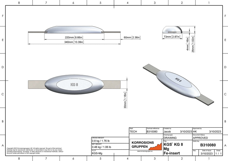Ánodo de magnesio TIPO 8 - 220*73*26, (340mm), aproximadamente 0,72kg/1,59lb. AZ63-1,5VDc
